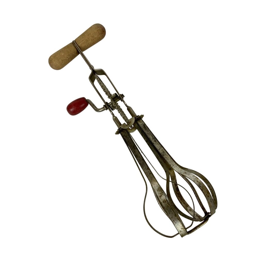 Vintage Ecko Hand-Crank Egg Beater With Wood Handles & Stainless Steel Blades
